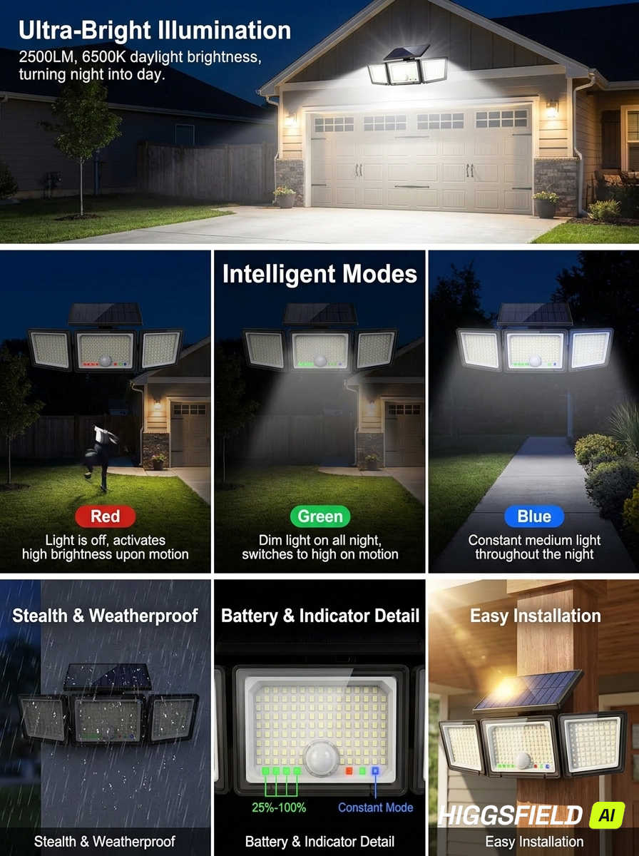 Solar Outdoor Lights Motion Sensor, 2500LM 286 LED Security Flood Lights with Visual Battery & Mode Display, 3 Lighting Modes, IP65 Waterproof 3-Head Wide Angle for Garage, Yard, Patio