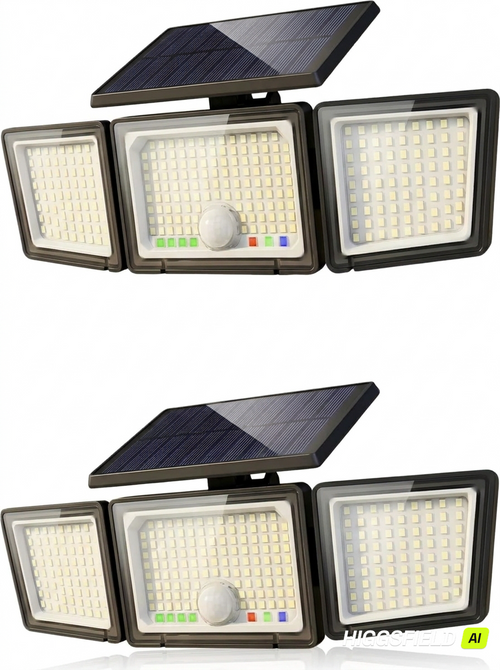 Solar Outdoor Lights Motion Sensor, 2500LM 286 LED Security Flood Lights with Visual Battery & Mode Display, 3 Lighting Modes, IP65 Waterproof 3-Head Wide Angle for Garage, Yard, Patio